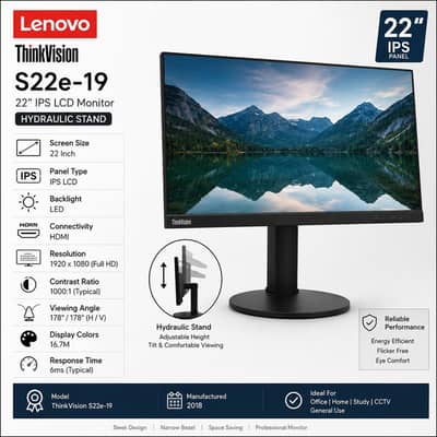 Lenovo ThinkVision S22e-19 22" IPS LCD Monitor – Hydraulic Stand