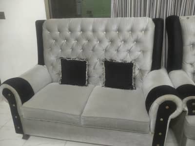 8 Seater Sofa Set + Wooden Jhoola + Glass Top Center Table for Sale