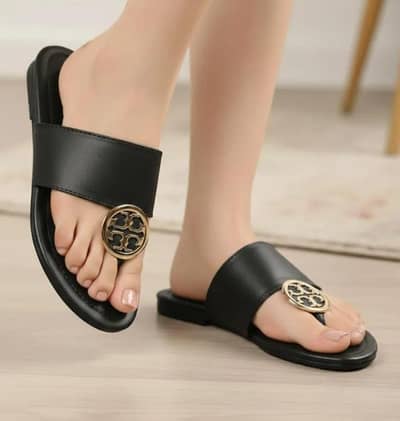 Women's black rexine flat sandle with gold logo