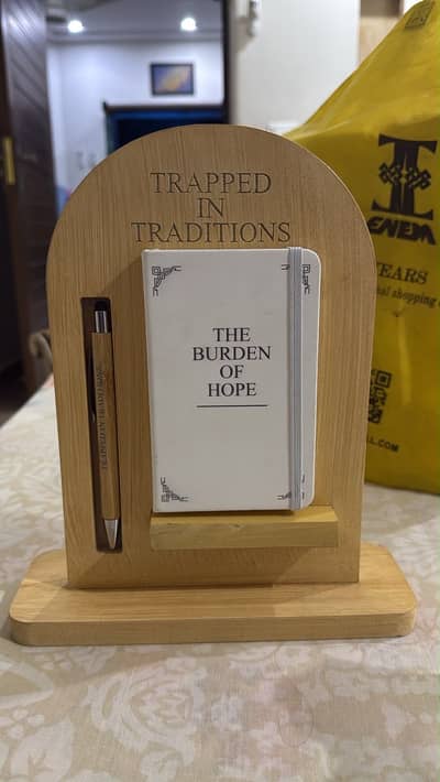Wood base frame with diary and wooden pen
