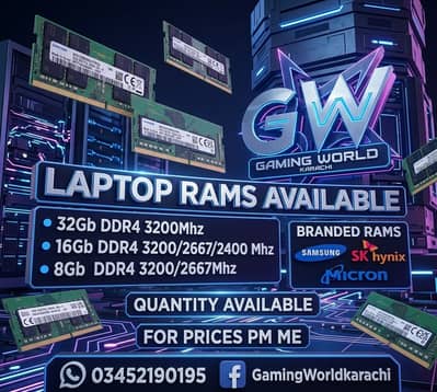 Gaming World Karachi has you covered 32GB 16GB 8GB DDR4 Laptop RAMs