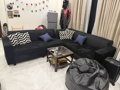 Large L-Shape Sofa Set | Black Velvet