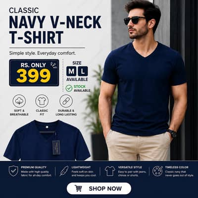 Classic Navy V-Neck Half Sleeve T-Shirt | Sizes: M & L | Only Rs. 399!