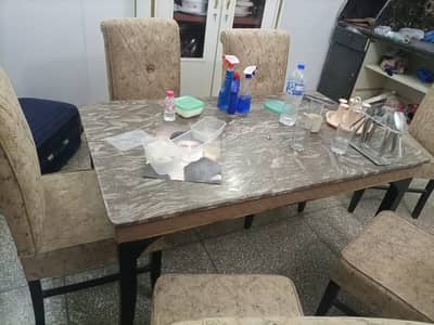 Marble top wooden dining table with 6 chairs