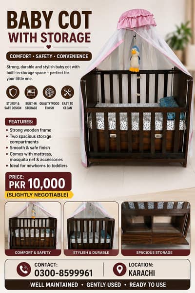 wooden Baby Cot with extra storage space