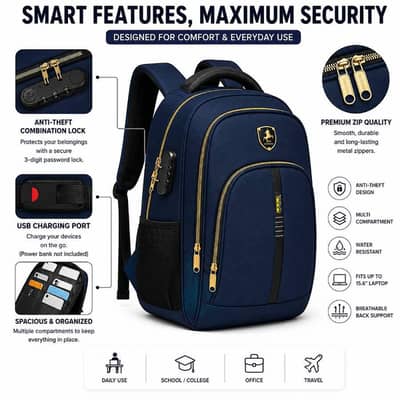 Anti-Theft Laptop Backpack USB Charging Port Combination Lock bag