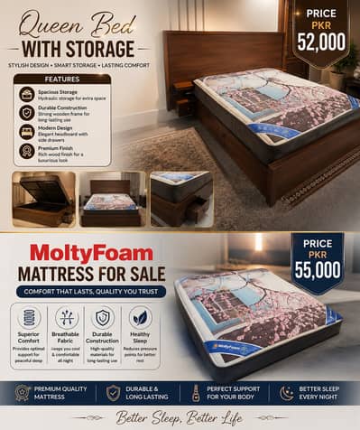 Queen Bed with Storage + MoltyFoam Mattress for Sale
