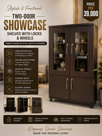 Two-Door Showcase Shelves with Locks & Wheels