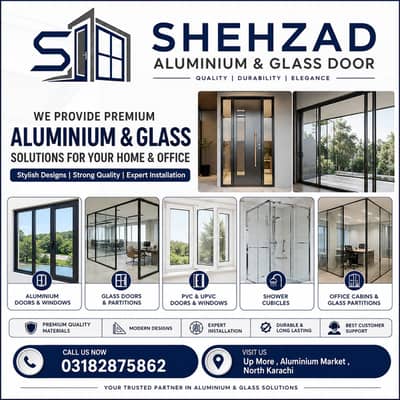 Aluminium Glass and Wood Door Window - Partition Work - Glass Door