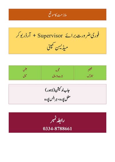 We are hiring  Sales Supervisor and Order Bookers