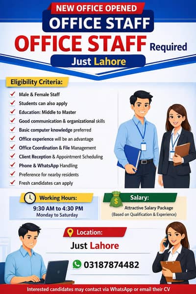 Male & Female Staff Required | Marketing & Office Jobs | In Lahore
