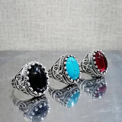 Set of 3 Silver Plated Turkish-Inspired Men's Ring Black Turquoise Re