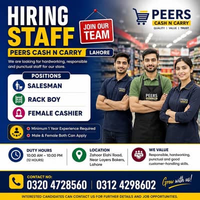 Salesman, Rack Boy & Female Cashier | Male & Female | Jobs in Lahore