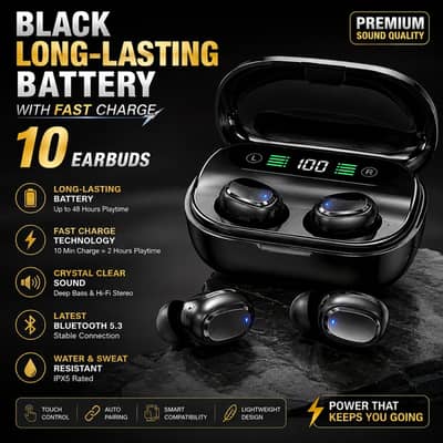 Black Long-Lasting Battery With Fast Charge 10 EarbudsBlack Long-Lasti