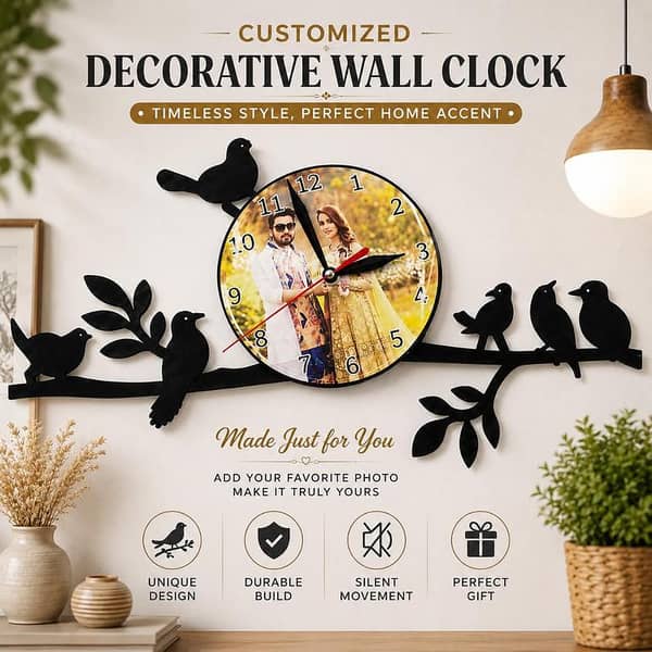 Customized Photo Wall Clock with Birds & Branch Design