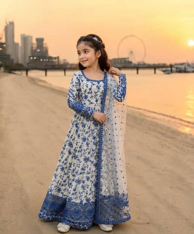 3 Pc grils Lawn printed frock and trouser set