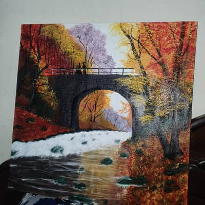 Handmade Acrylic Painting – Autumn Forest & Stone Bridge