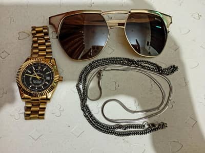 golden Rolex watch+FERRE Italian glasses+snake chain+ heavy duty chain