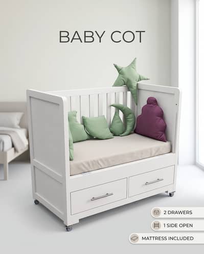Premium Baby Cot with Mattress | 2 Drawers | Open Side | Complete Set
