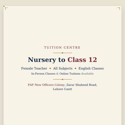 Female Tutor | Tuition Centre | Nursery to Class 12 | English