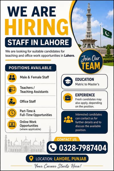 Teaching & Office Staff Jobs in Lahore – Part/Full Time