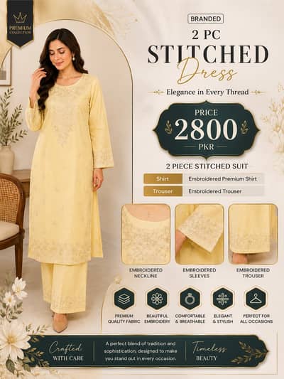 2 PC Embroidered Premium Suit | Branded Stitched Dress for Women | Ele