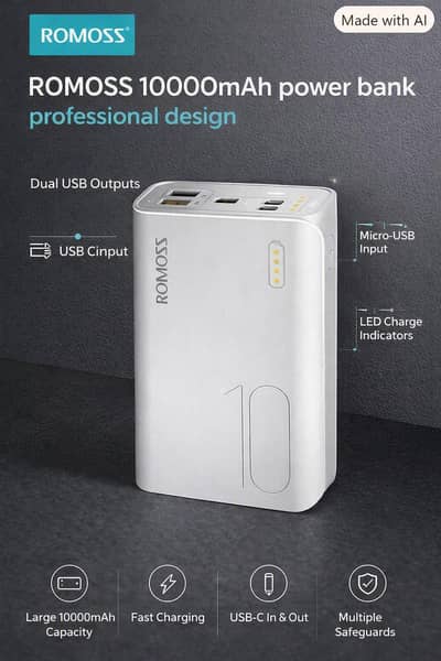  ROMOSS 10000mAh Power Bank – Powerful & Reliable
