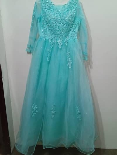 Elegant Ice Blue Net Maxi with 3D Floral Work -