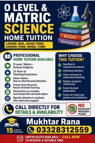 O level & Matric Science Home Tuition| 15 Years Experienced Teacher