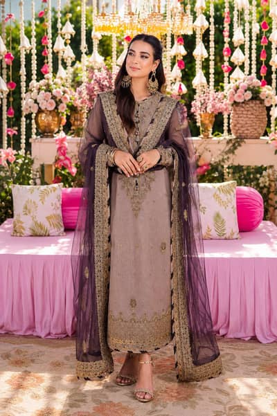 Asim Jofa 3 Piece Embroidered Suit | Formal Wedding Dress | Aubergine