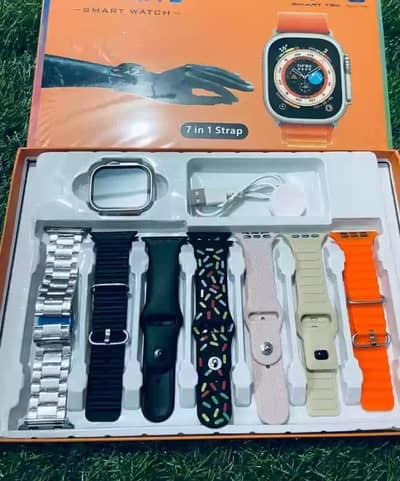 multicolor smart watch with 7 straps and fast charger