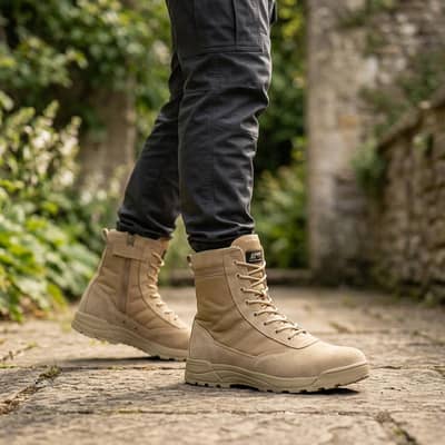 beige men boot shoes synthetic fibre