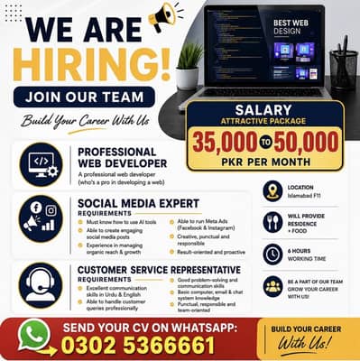 Web Developer Job || Social Media Expert & CSR Required || Office Job