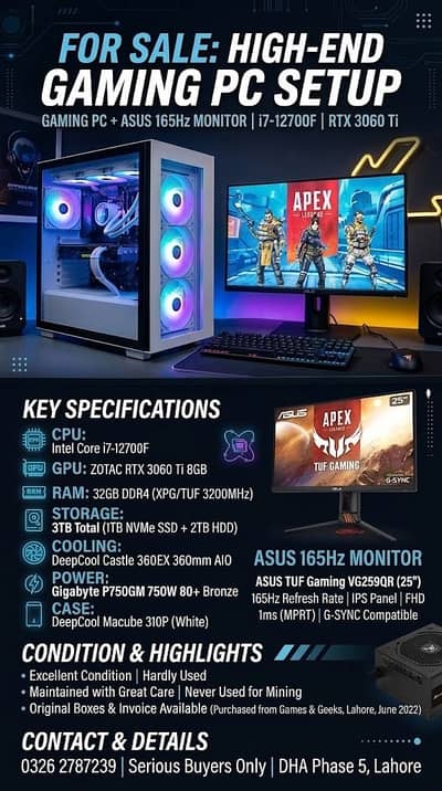 gaming pc/ASUS 165Hz Monitor/i7-12700F/RTX 3060/Ti 8GB/32GB RAM /3TB