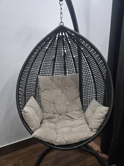 Modern Dark Brown Rattan Hanging Egg Chair with Soft Cushion Set