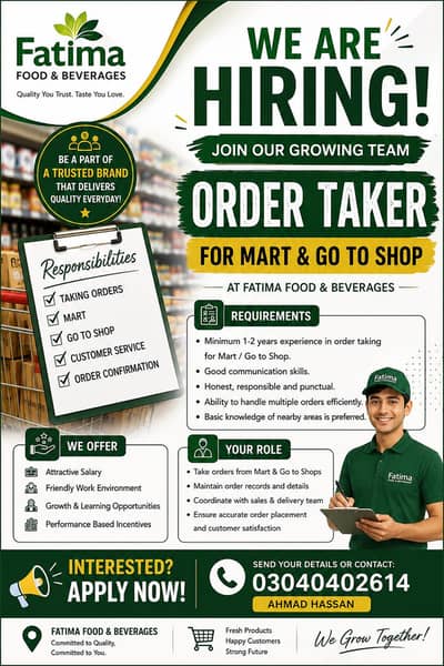 Fatima foods and beverages hiring for order taker