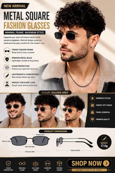  Men’s Metal Square Sunglasses | Stylish Small Frame