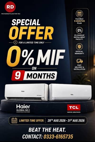 TCL, Hair 1.5 ton AC 0% Mark-up plan for 9 months