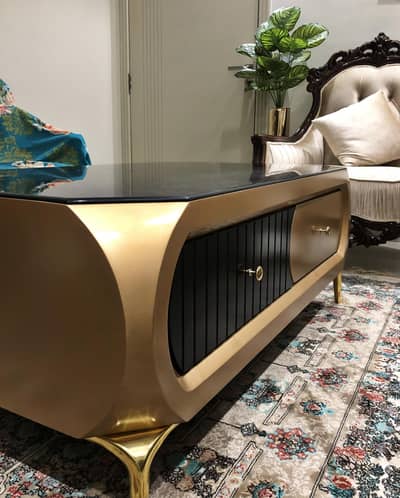 Gold & Black Center Table with Drawers (Glass Top)