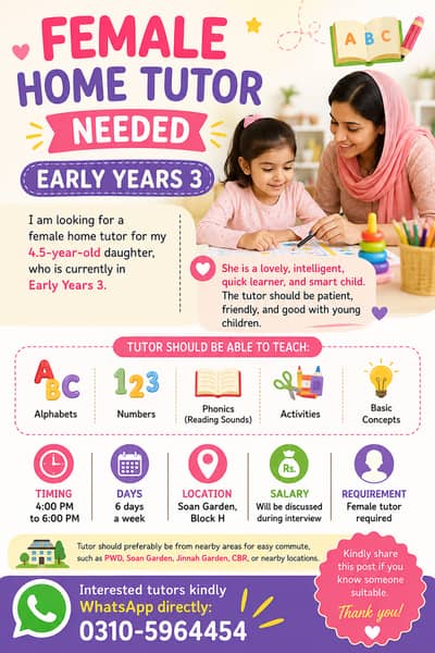 Home Tutor Required for Early Years 3 Girl