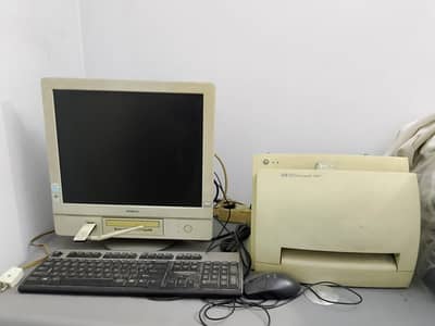 Vintage Hitachi Computer and LaserJet Printer