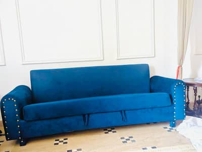 Blue Velvet Sofa Cum Bed – Brand New Condition