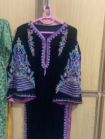 luxury embroidered Velvet dress heavily embellished 3 piece