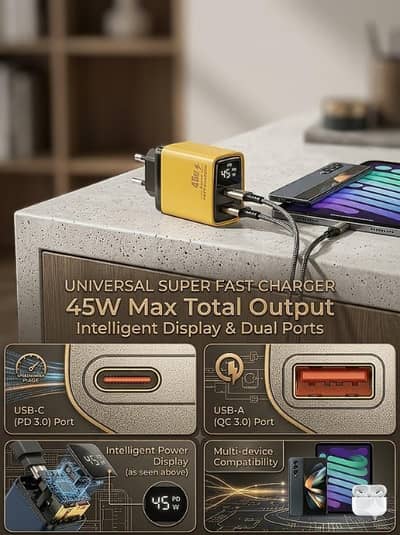 45 Watt universal adjustable charger with display