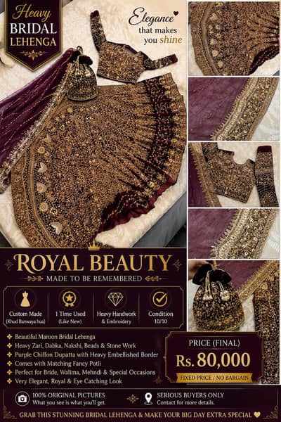 heavy bridal lehenga 1 time used custom made 10/10 condition rs 80000