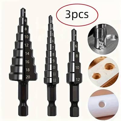 3Pcs HSS Straight Groove Step Drill Bit 3-12mm 4-12mm 4-20mm