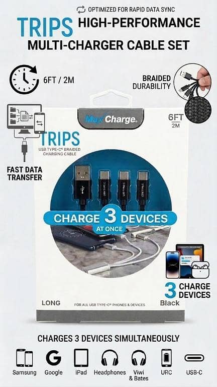 TRIPS 3-in-1 Braided USB Type-C Charging Cable (6FT | Charge 3 Devices Simultaneously | Fast Data Sync Cable for Type-C Phones & Tablets