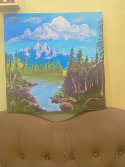 hand painted nature canvas. mountain lake scenery