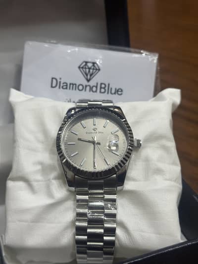 Diamond Blue Men’s Silver Stainless Steel Watch Fluted Bezel,