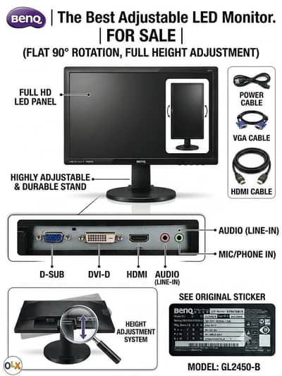BenQ 27" LCD Monitor – 90° Rotatable (Portrait/Landscape)
